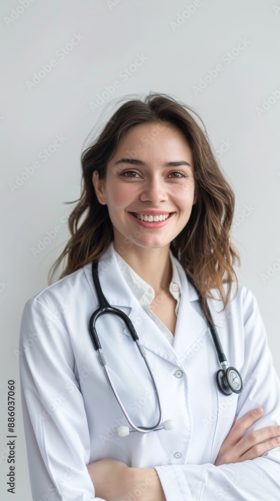 compassionate and friendly doctor, illuminated by soft, diffused lighting, stands confidently against a pristine white background compassionate and friendly doctor, illuminated by soft, diffused lighting, stands confidently against a pristine white background