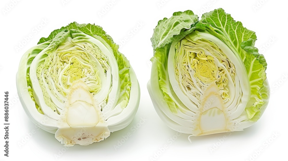 Napa cabbage. whole and half. Chinese cabbage. top view. Nappa. Wombok. Raw. fresh. uncooked. green vegetable. Brassica rapa Perkinensis Group.Macro food photo close up. isolated on white background. Napa cabbage. whole and half. Chinese cabbage. top view. Nappa. Wombok. Raw. fresh. uncooked. green vegetable. Brassica rapa Perkinensis Group.Macro food photo close up. isolated on white background.