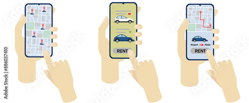 Car sharing, car rental. Set phone in hand on a white background. Selecting a car on a city map, selecting a car brand, car route.