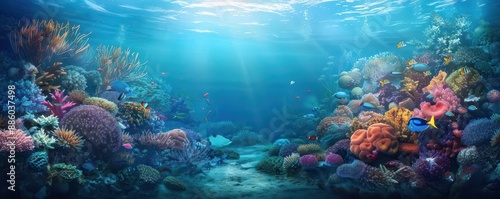 Underwater Coral Reef A vibrant coral reef teeming with colorful fish and marine life © Adisak