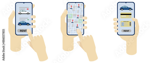 Car sharing, car rental. Phone in hand. Select a car on the city map, bank, credit card, driver's license. Vector illustration on a white background isolated flat style