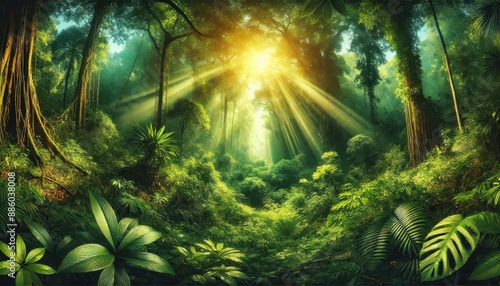 Sun Rays Through Dense Rainforest Canopy. © ProStockGallery