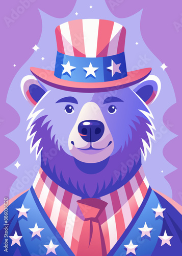 Oso patriótico en el 4 de julio: ilustración vectorial.Lindo oso en la bandera americana: foto.Celebración del 4 de julio: foto de un oso ilustración vectorial de un oso con un sombrero con una bander photo