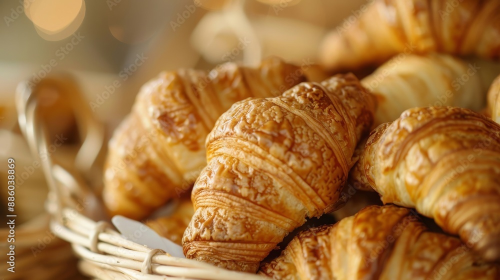 Closeup of delicious freshly baked crispy croissants placed in a basket in a bakery kitchen Closeup of delicious freshly baked crispy croissants placed in a basket in a bakery kitchen