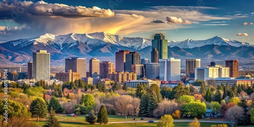 Denver skyline with majestic mountains in the background, Denver, skyline, mountains, Colorado, cityscape