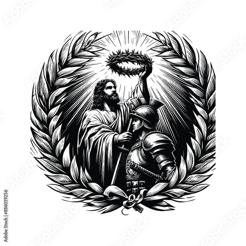 Crown of Victory Illustrate Jesus placing a laurel wreath on a faithful warrior