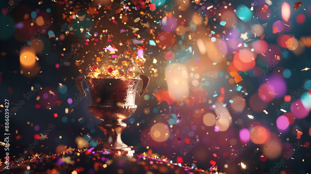 Gleaming gold trophy amidst a festive explosion of colorful confetti and glitter, showcasing victory and success in competition Gleaming gold trophy amidst a festive explosion of colorful confetti and glitter, showcasing victory and success in competition