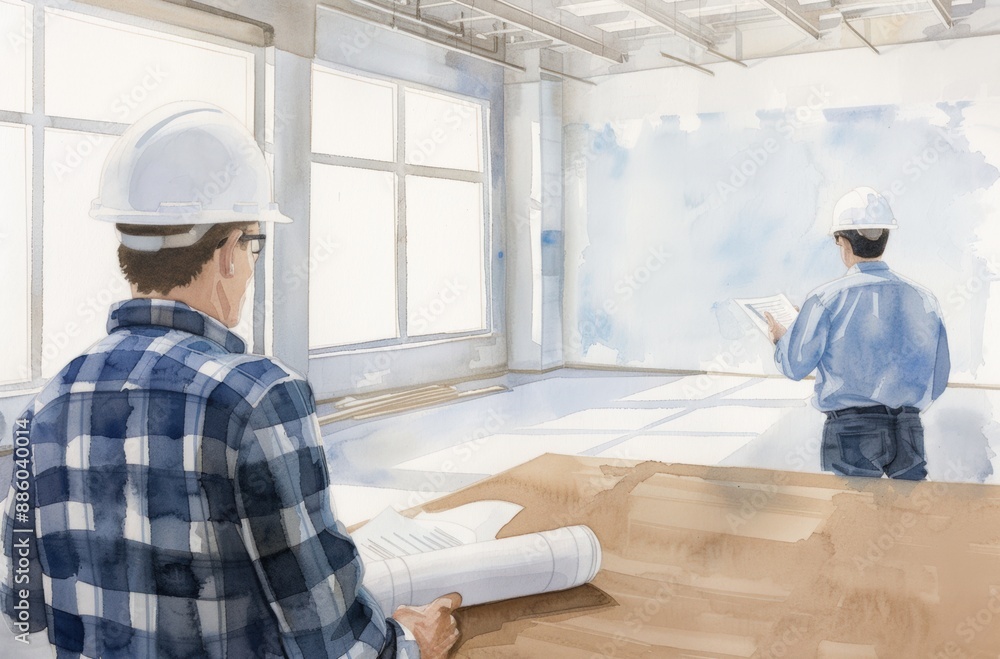 Two construction workers in hard hats reviewing blueprints in an unfinished building with large windows and abundant natural light. Two construction workers in hard hats reviewing blueprints in an unfinished building with large windows and abundant natural light.