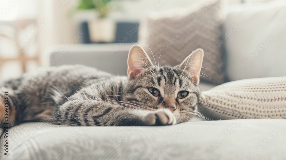 A gray tabby kitten relaxing on a blue sofa, looking content and cozy in a domestic setting. A gray tabby kitten relaxing on a blue sofa, looking content and cozy in a domestic setting.