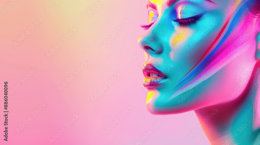 Close-up of a woman's face with vibrant neon makeup, illuminated in colorful, artistic light against a pastel background. Close-up of a woman's face with vibrant neon makeup, illuminated in colorful, artistic light against a pastel background.