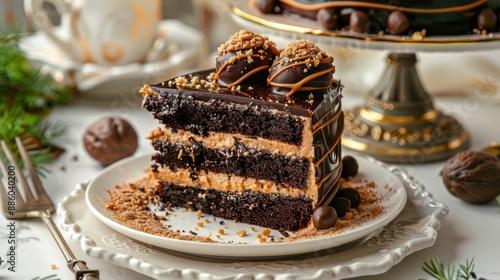 Chocolate peanut butter cake with layers of rich chocolate and creamy peanut butter, indulgent and rich, photo