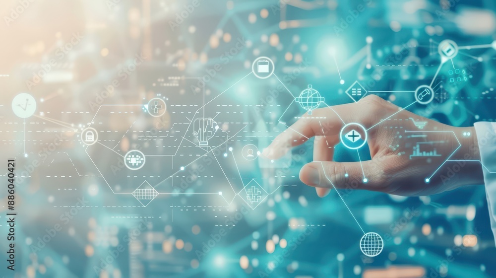 Hand interacting with a holographic interface, showcasing futuristic technology and digital innovation. Hand interacting with a holographic interface, showcasing futuristic technology and digital innovation.