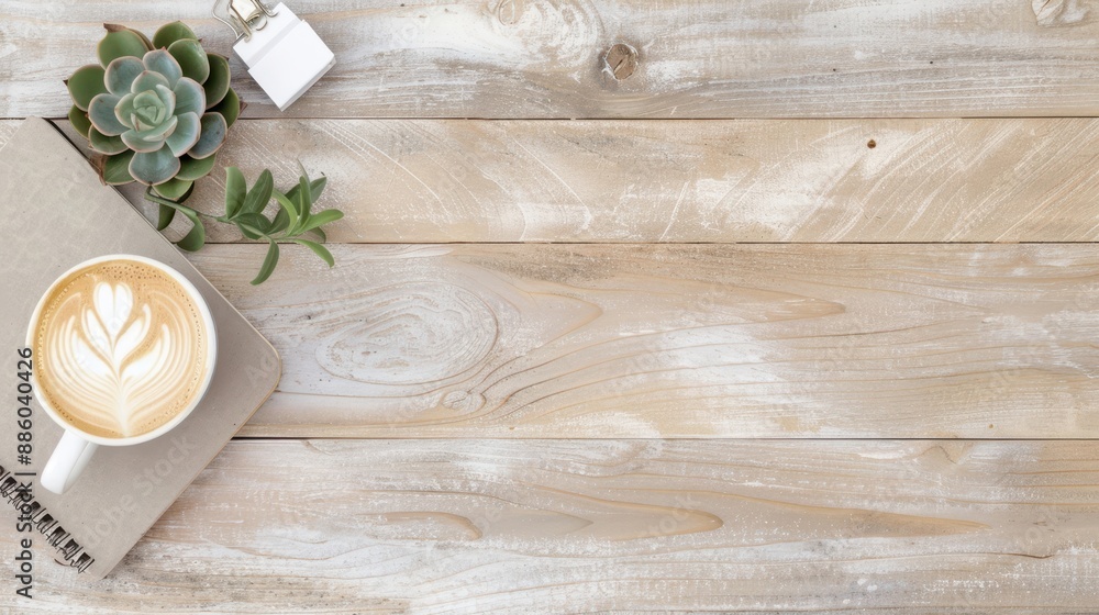 A cappuccino with latte art on a wooden table, next to a notebook and succulent plants, creating a cozy workspace ambiance. A cappuccino with latte art on a wooden table, next to a notebook and succulent plants, creating a cozy workspace ambiance.