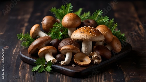 Fresh mixed forest mushrooms on the wooden black table. generative.ai