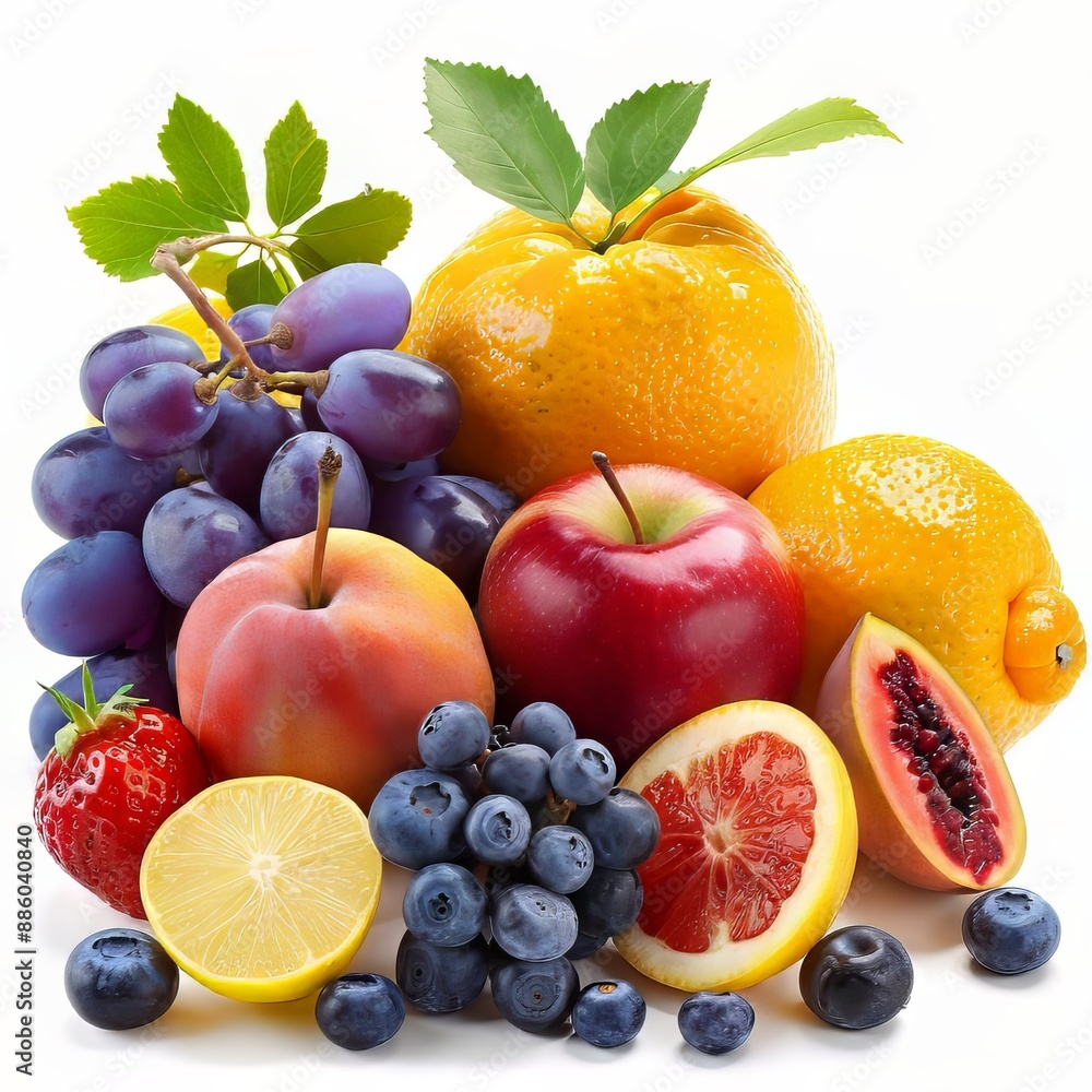 A vibrant assortment of fresh fruits including apples grapes lemons blueberries and strawberries A vibrant assortment of fresh fruits including apples grapes lemons blueberries and strawberries