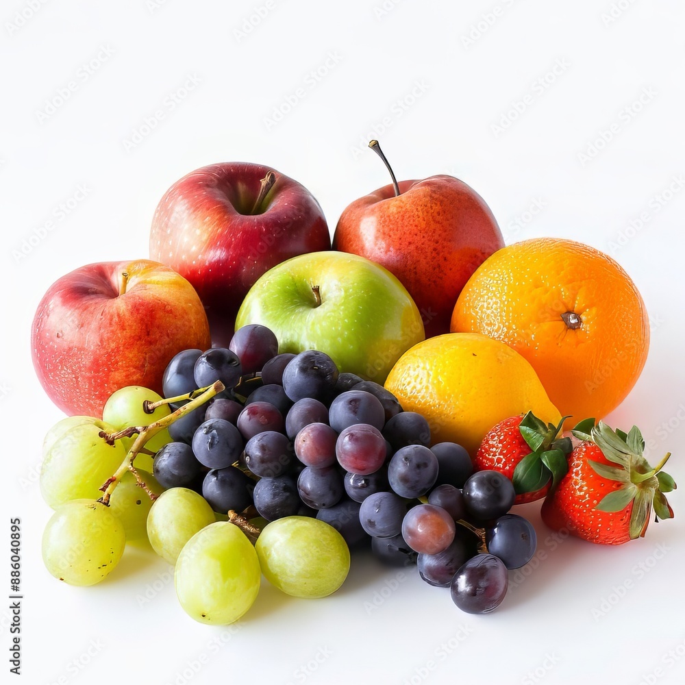 A vibrant assortment of fresh fruits including apples grapes oranges and strawberries A vibrant assortment of fresh fruits including apples grapes oranges and strawberries