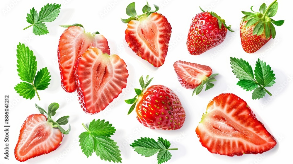 Strawberry berry with green leaf and half isolated on white background. Strawberry Strawberry berry with green leaf and half isolated on white background. Strawberry