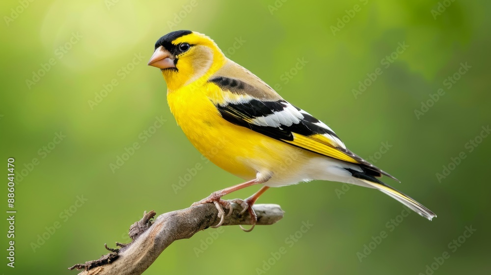 Obraz premium American Goldfinch Spinus tristis North American Backyard Bird. It is known for its vibrant yellow summer plumage. Isolated on green nature background.