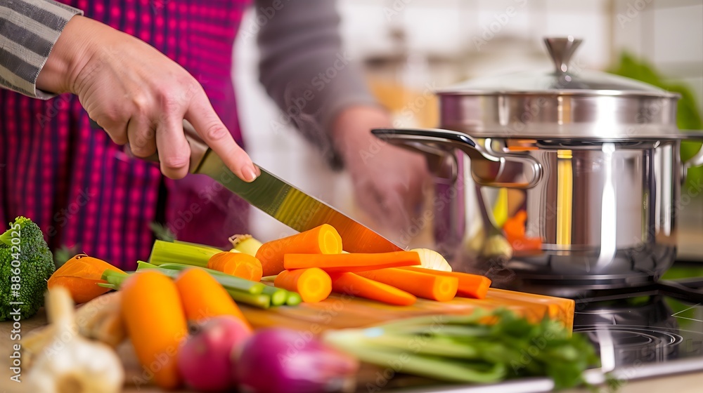 Person chopping carrots and vegetables in home kitchen, cozy meal preparation scene Person chopping carrots and vegetables in home kitchen, cozy meal preparation scene