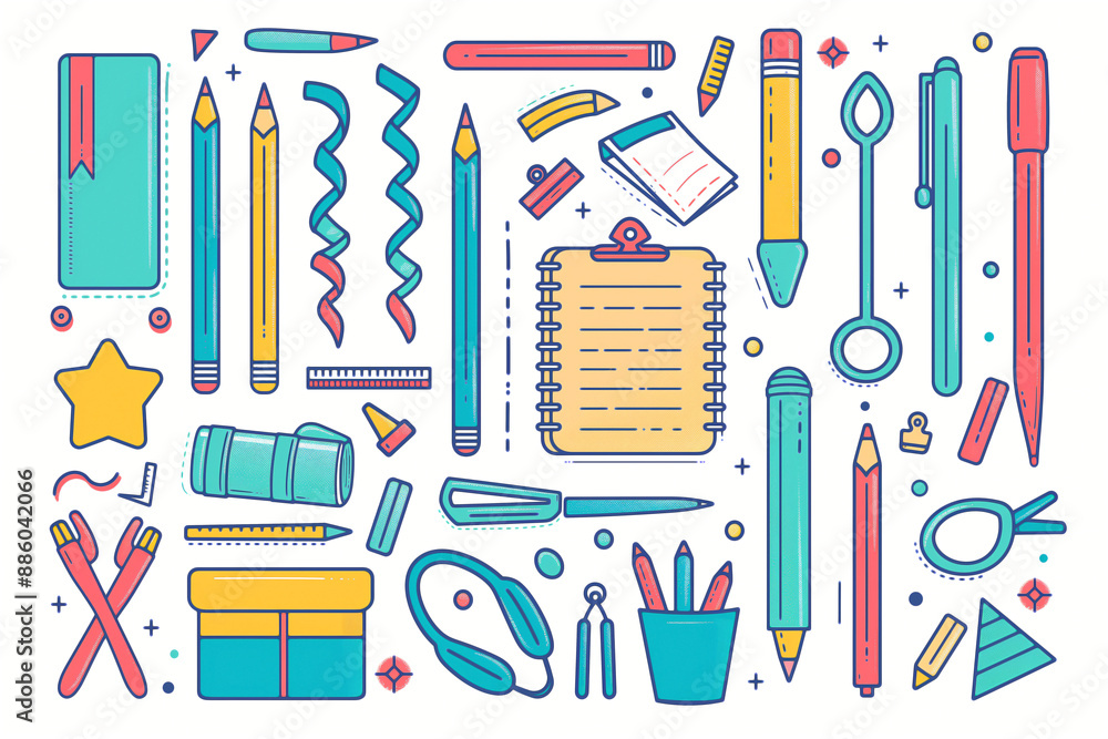 a flat art, cartoon vector illustration of stationery items on a white background a flat art, cartoon vector illustration of stationery items on a white background
