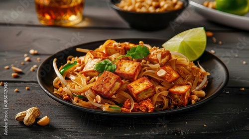 A plate of Pad Thai with stirfried noodles, tofu, peanuts, and a lime wedge