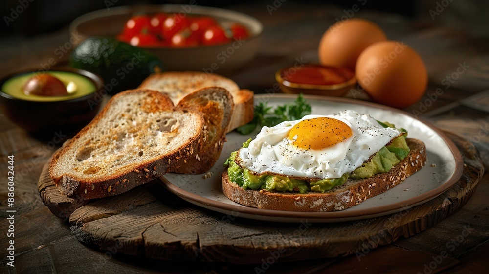 A rustic wooden table laden with wholegrain bread, avocado toast, and a poached egg A rustic wooden table laden with wholegrain bread, avocado toast, and a poached egg