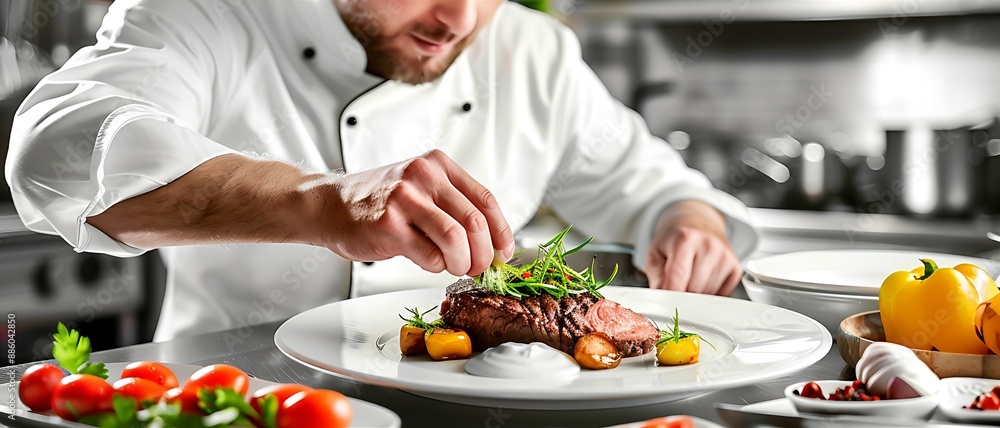 Professional chef plating gourmet dish, adding garnish in well-equipped kitchen Professional chef plating gourmet dish, adding garnish in well-equipped kitchen