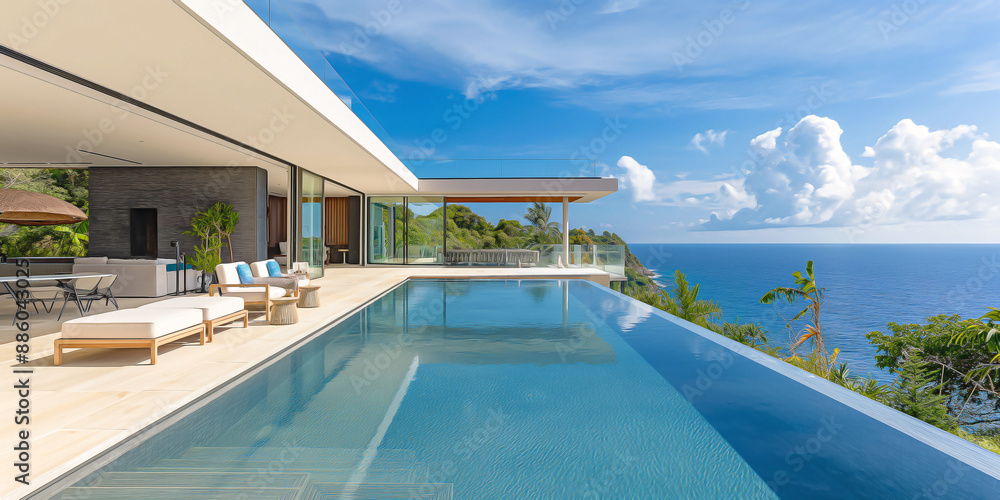 Fototapeta premium modern luxury home with a showcase patio that overlooks a stunning swimming pool and a sunny ocean view