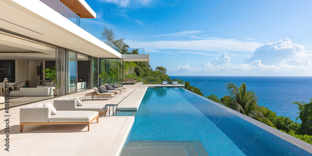 Fototapeta premium modern luxury home with a showcase patio that overlooks a stunning swimming pool and a sunny ocean view