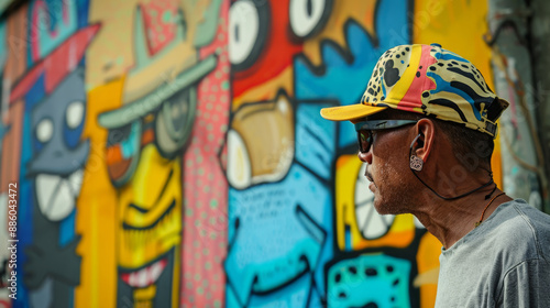 A man in a favela against a background of graffiti.