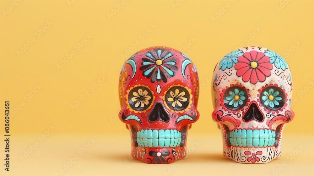 Fototapeta premium Two colorful sugar skulls with floral designs on a yellow background, representing Mexican Day of the Dead traditions.