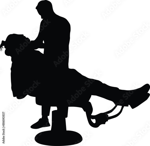 Barber silhouette full body illustration. Barber man do shaving to his customer.