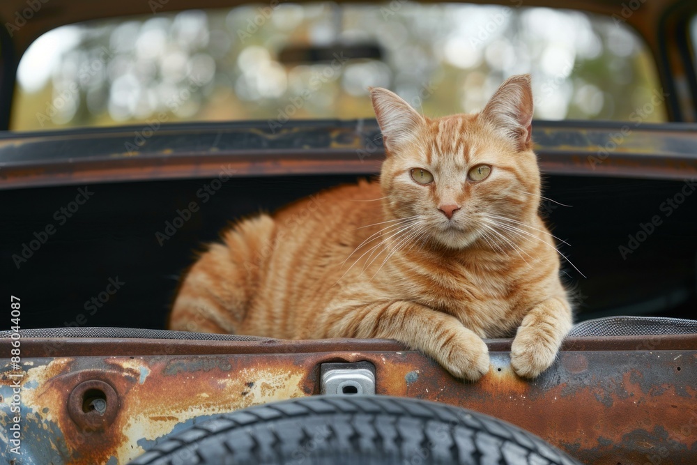 Ginger tabby cat is lying down in the trunk of an old car Ginger tabby cat is lying down in the trunk of an old car