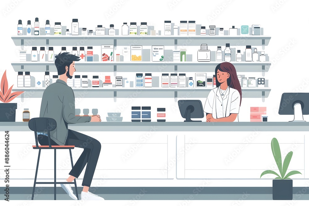 Obraz premium Pharmacist Counseling a Customer at the Pharmacy Counter with Medicines Displayed