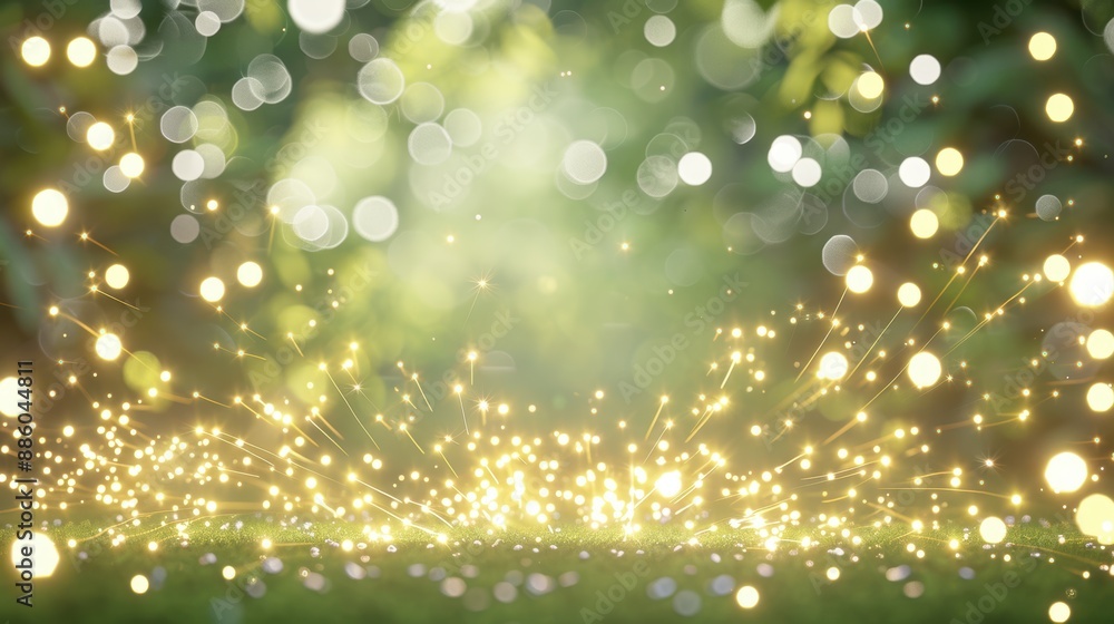 Obraz premium Mystical forest with floating lights, creating a magical, dreamy atmosphere amidst the trees and misty background.