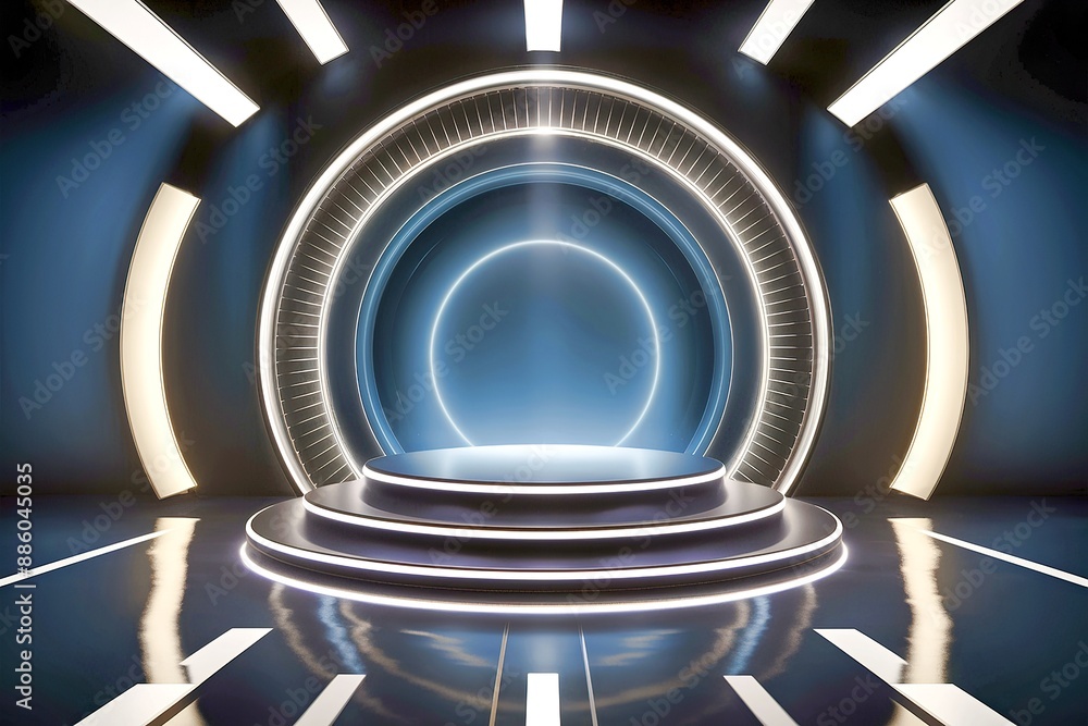 Futuristic dark podium with light and reflection background Futuristic dark podium with light and reflection background