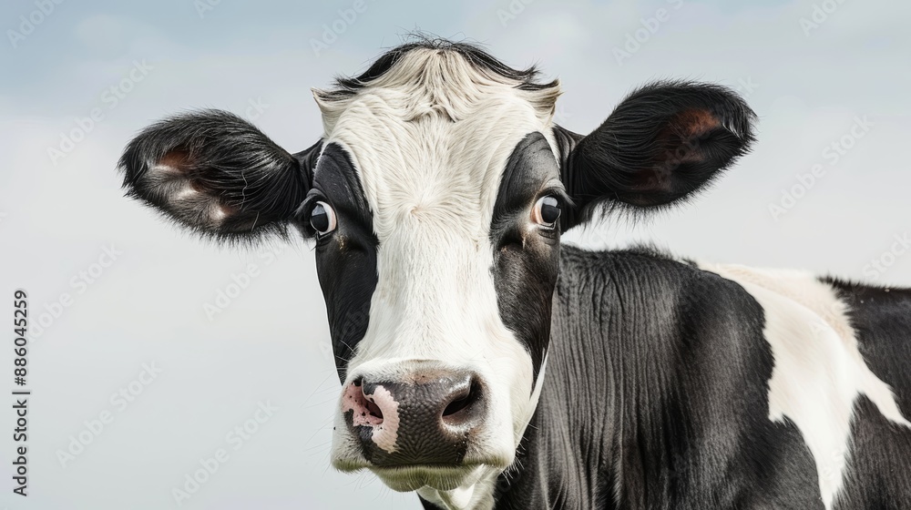 Cow isolated on white. black and white gentle surprised look. pink nose. in front of a blue sky. Cow isolated on white. black and white gentle surprised look. pink nose. in front of a blue sky.