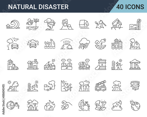 Set of natural disaster icons. Natural disasters, pollution, related to evacuation, Apocalypse. editable stroke icons Vector illustration