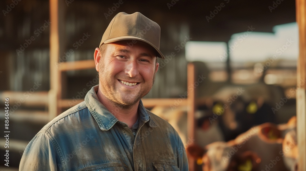 Smiling male farm worker in hat and work clothes in front of a barn with livestock, showcasing his dedication and love for the ranch and the rural agricultural lifestyle Smiling male farm worker in hat and work clothes in front of a barn with livestock, showcasing his dedication and love for the ranch and the rural agricultural lifestyle
