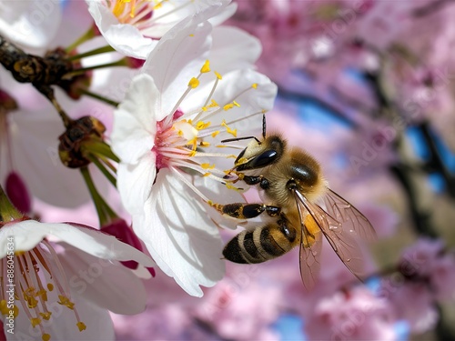 honeybee collects nectar on the flowers of cherry trees