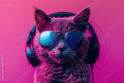 Grey cat wearing sunglasses and headphones is enjoying music on a pink background