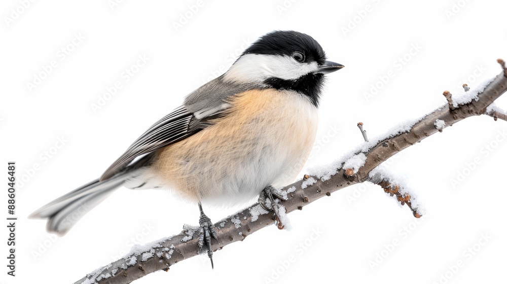 Black-capped Chickadee isolated on white background perched on branch in winter Black-capped Chickadee isolated on white background perched on branch in winter