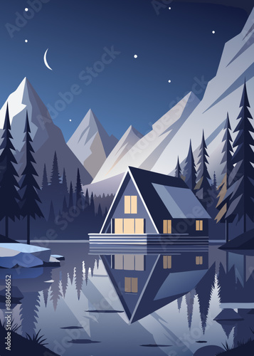 Cozy cabin by the lake under the starry sky: vector illustration.The tranquility of nature: a photo of a landscape with a cabin by the lake under the starry sky. Bright colors of the night: vector il