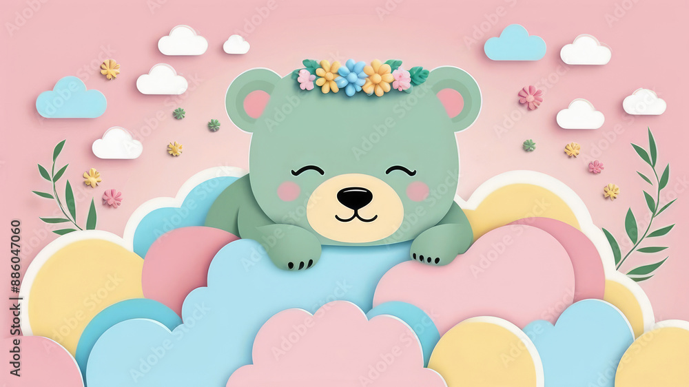 Cartoon funny adorable baby sleeping bear cub on the clouds. Cartoon funny adorable baby sleeping bear cub on the clouds.