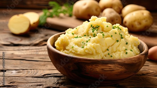 A bowl of creamy mashed potatoes garnished with chives, set on a rustic wooden table with whole potatoes in the background