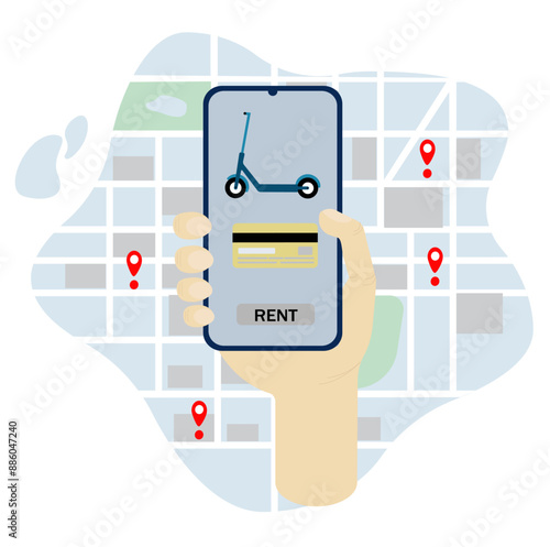 Smartphone in hands, rent a scooter on a city map on a white background. Concept - smartphone application, online rental.