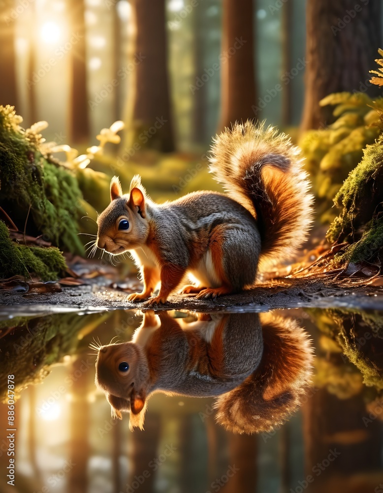 A Squirrel's Reflection in a Puddle, Captured in Warm Lighting and Photorealistic Detail, squirrel on a tree A Squirrel's Reflection in a Puddle, Captured in Warm Lighting and Photorealistic Detail, squirrel on a tree
