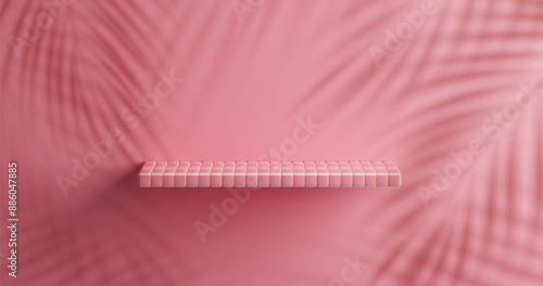 Pink tile shelf podium 3d minimal background. Realistic bathroom studio scene with palm leaf shadow. Square restroom platform render. Abstract horizontal banner bg for modern summer presentation.