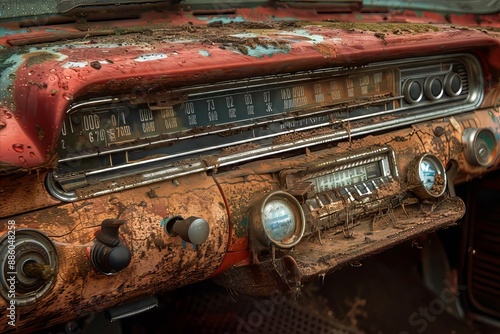Vintage car dashboard covered in rust and moss