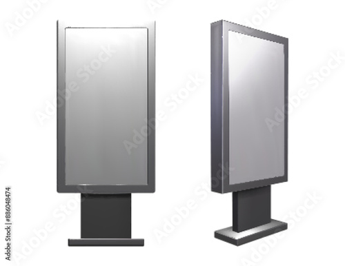 Outdoor street sidewalk vertical billboard mockup with white blank screen. Realistic vector 3d illustration set of front and side view on urban empty interactive commercial digital light box template.